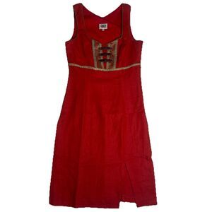 Country Line Western 100% Linen Dress Midi Size 34 Red